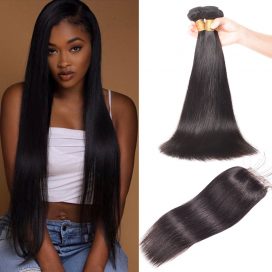 Brazilian Straight Hair 3 Bundles With Lace Closure Virgin Human Hair