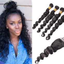 Brazilian Loose Deep Wave Hair 4 Bundles With Lace Closure