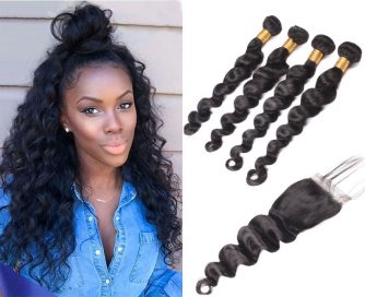 Brazilian Loose Deep Wave Hair 4 Bundles With Lace Closure