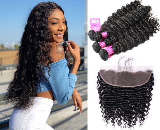 Indian Deep Wave Hair 4 Bundles With Lace Frontal