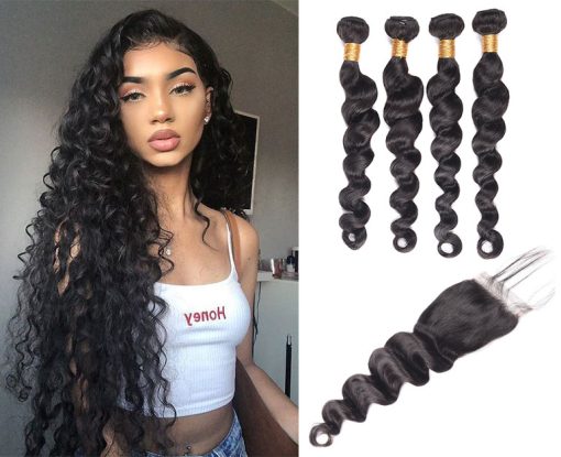 Indian Loose Deep Wave Hair 4 Bundles With Lace Closure