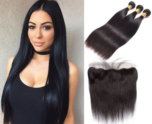 Indian Straight Hair 3 Bundles With Virgin Human Hair Lace Front