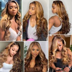 Honey Blonde Lace Front Wigs 4/27 Ombre Highlight Body Wave Wig HD Lace Front Human Hair Wigs Free Part 9 Honey Blonde Lace Front Wigs