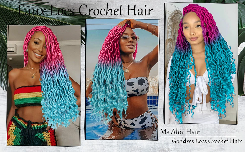 Ms Aloe Curly Faux Locs Crochet Hair 5Pack (120 Strands) Pink Lake Blue Ombre Wavy Faux Locs with Curly Ends Pre Looped Goddess Locs Crochet Hair for Black Women (20inch,Pink/Lake Blue) 13 Curly Faux Locs hair