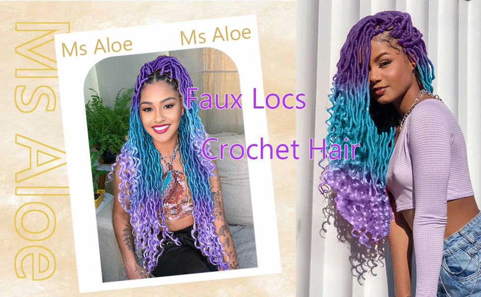 Ombre Faux Locs Crochet Hair 20inch 5Pack(120Strands)Ombre Goddess Locs Crochet Hair Pre Looped Crochet Faux Locs With Curly Ends Faxu Locs Crochet Hair for Black Women(Purple/Lake Blue/Light Purple) 12 Ombre Faux Locs Crochet Hair